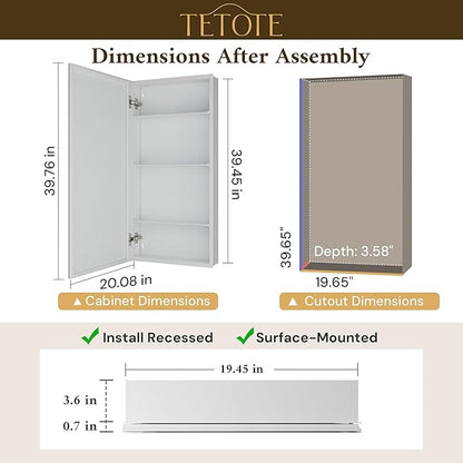 TETOTE 20 x 40 Bathroom Vanity Mirror Cabinet with Tempered Beveled MirrorWhiteMedicine Cabinet Aluminum Cabinet DTC Hinges, Stepless Adjustable Shelves, Recessed/Surface-Mounted