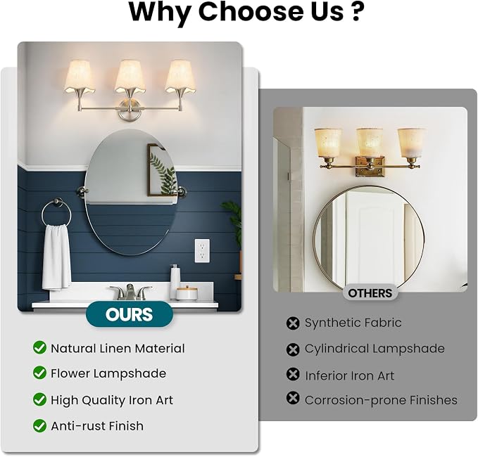 Brushed Nickel Bathroom Vanity Light: 3 Light Vanity Lighting Fixtures with Flared Fabric Shade, Modern Bathroom Lighting Fixtures over Mirror, Wall Sconce Lights for Bedroom Hallway Living Room