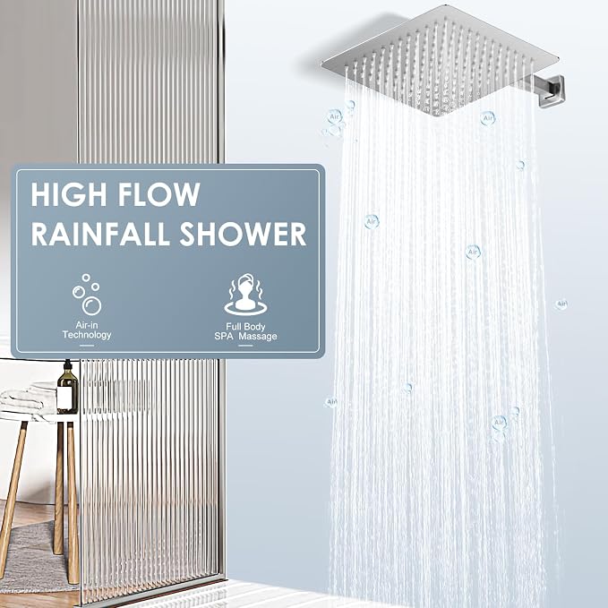 12 inch Brushed Nickel Rain Shower Head - All Metal 304 Stainless Steel, Full Body Rainfall Shower with 144 Silicone Nozzles - Square Showerheads Ceiling or Wall Mount Modern Bathroom
