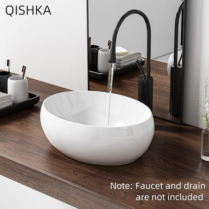 16 Inch Oval Bathroom Sink Above Counter, QISHKA 16" x 12" Ceramic Countertop Vessel Sink, White Modern Egg Shape Bowl Sink Hand Wash Basin