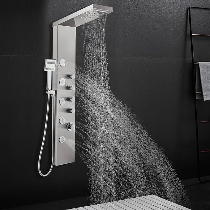 ROVATE 4-in-1 Rainfall Waterfall Shower Panel Tower System, Brushed Finish | Shower Column with Body Massage Jets and Handheld, Stainless Steel High Pressure, Use Multiple Functions Simultaneously
