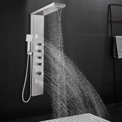 ROVATE 4-in-1 Rainfall Waterfall Shower Panel Tower System, Brushed Finish | Shower Column with Body Massage Jets and Handheld, Stainless Steel High Pressure, Use Multiple Functions Simultaneously