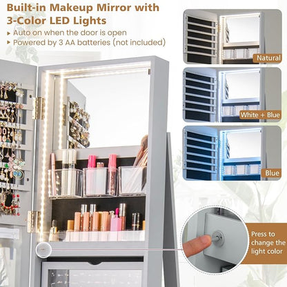 CHARMAID 360° Swivel Jewelry Armoire with Full Length Mirror, Rear Storage Shelves, Lockable Standing Jewelry Cabinet Organizer with Interior Vanity Mirror and 3-Color Lights (Gray)
