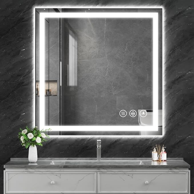 Koonmi 36x36 LED Bathroom Mirror, Shatterproof Mirror with Light | 90CRI Vanity Mirror with Anti-fog Backlit + Front Lit, 3 Color, Easy Install for Bathroom Hotel (IP65)