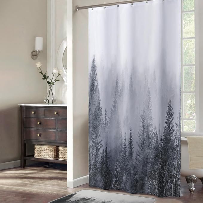 ORTIGIA 36x72 Misty Forest Stall Shower Curtain for Small Bathroom, Grey Half Size Narrow Nature Woodland Shower Curtain Set with Hooks, Waterproof Fabric Pine Tree Fog Magic Home Bath Curtain