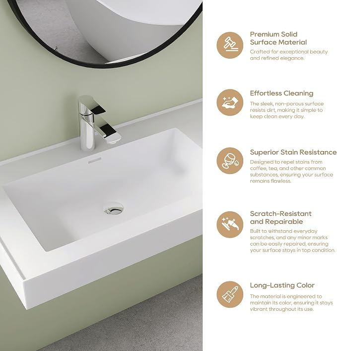 SJ Star&Jane 39" x 19" in Solid Surface Bathroom Sink, Wall-Mount or Countertop Vessel Sink, Rectangle Floating Vanity Sink in Matte White, Pre-installed Faucet Holes, Durable Modern Design