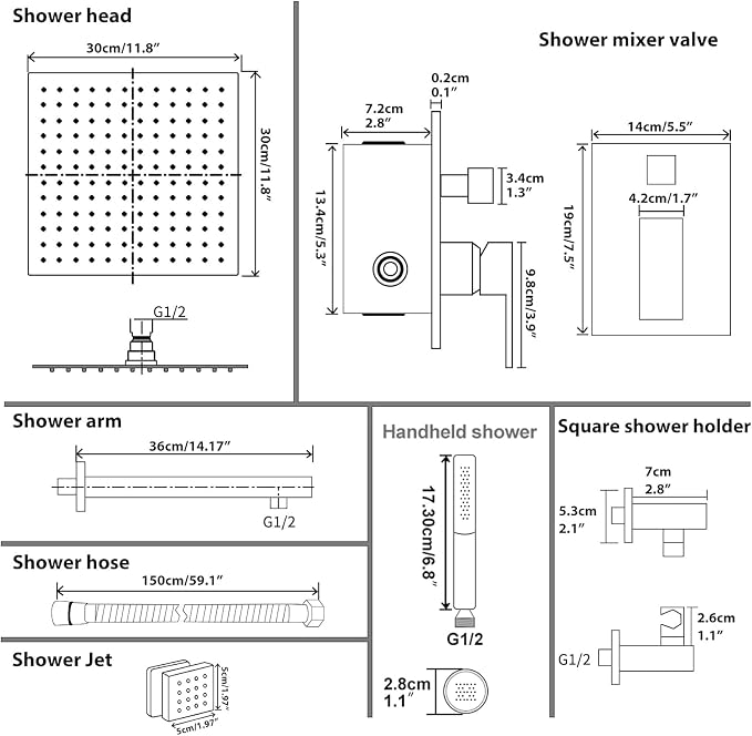 Hoimpro 12 Inch Rainfall Shower Faucet with 4 Full Body Shower Jet Fixtures Combo, Shower System Set with Rain Mixer Shower Head and Brass 2 in 1 Spray Handheld Showerhead, Wall Mounted, Matte Black