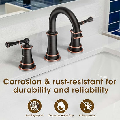 Rustic Oil Rubbed Bronze Bathroom Faucet, 360° Rotatable Spout, 2 Handles, 3 Hole Widespread, Pop Up Drain & Supply Lines Included, Antique Style (L2304-ORB)