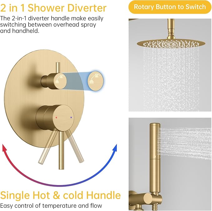BESy Shower System with 10 Inch Round Rain Shower Head and Handheld Wall Mounted, High Pressure Rainfall Shower Faucet Fixture Combo Set with 2 in 1 Handheld Showerhead for Bathroom, Gold