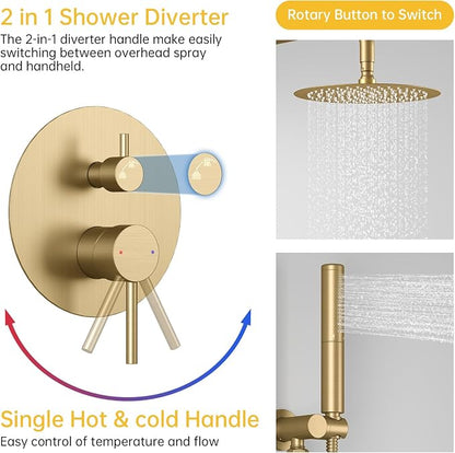 BESy Shower System with 10 Inch Round Rain Shower Head and Handheld Wall Mounted, High Pressure Rainfall Shower Faucet Fixture Combo Set with 2 in 1 Handheld Showerhead for Bathroom, Gold