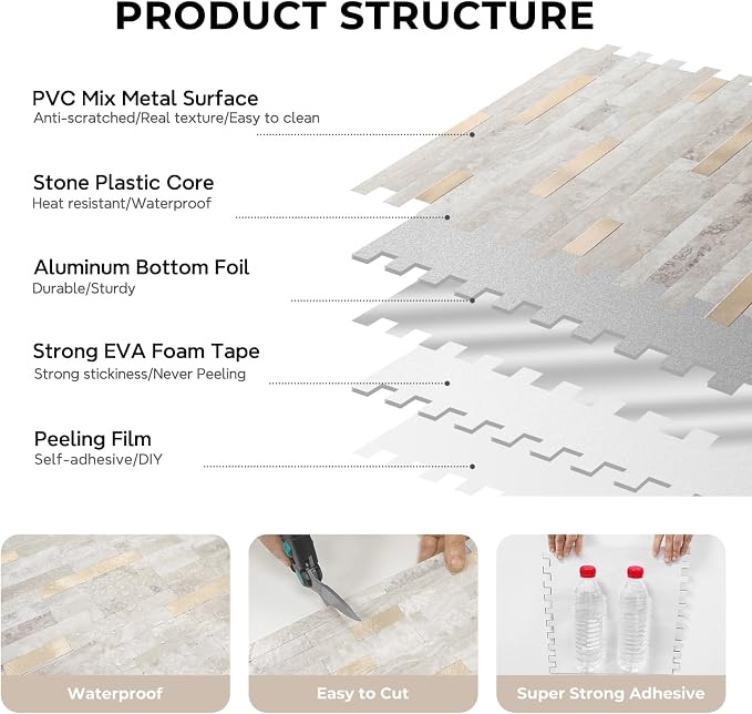 STICKGOO Peel and Stick Backsplash, PVC Wall Tiles Stick on Backsplash for Kitchen(1 Sheet, Beige with Metal Gold)