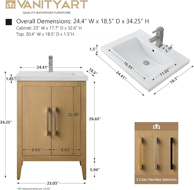 Vanity Art 24 inch Bathroom Vanity with Single Sink & Ceramic Top, Vanity Cabinet with Soft-Closing Doors, Solid Wood Frame, Natural Oak, VA9024-NO-BN1