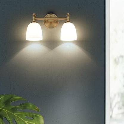 Gold Bathroom Vanity Light Fixtures, 2-Light Over Mirror, Traditional Vanity Lights for Living Room, Milk White Glass Shades, Standard E26 Base, Aged Brass, 16.3" W x 9.4" H x 6.25" D
