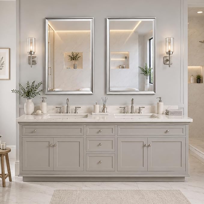 2 Pack Brushed Nickel Bathroom Mirrors 24x36 Inch | Silver Rectangle Vanity Mirror for Bedroom, Entryway, Living Room Decor, Aluminum Framed, Curved Wide Edge, Anti-Rust