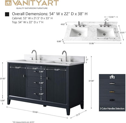 Vanity Art 54" Bathroom Vanity with Double Sink & Arabescato White Engineered Stone Top,Soft Closing Door, Solid Wood Frame, Golden Brushed Handles, Vintage Spruce Blue VA8154D-VSB-GB