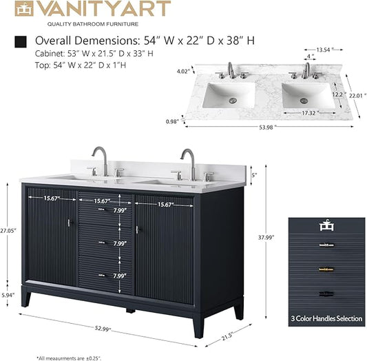 Vanity Art 54" Bathroom Vanity with Double Sink & Arabescato White Engineered Stone Top,Soft Closing Door, Solid Wood Frame, Golden Brushed Handles, Vintage Spruce Blue VA8154D-VSB-GB