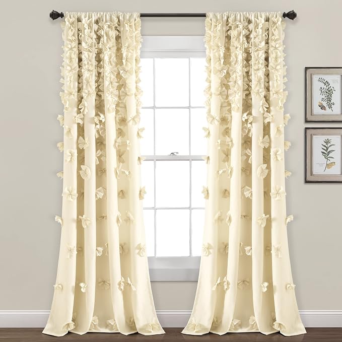 Lush Decor Riley Light Filtering Window Curtain Panel, Single 54" W x 84" L, Buttercream - Cute Yellow Curtains for Bedroom - Bow Decor - Coquette Curtains for Windows