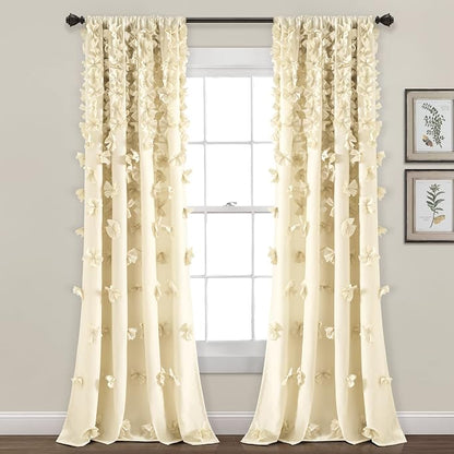 Lush Decor Riley Light Filtering Window Curtain Panel, Single 54" W x 84" L, Buttercream - Cute Yellow Curtains for Bedroom - Bow Decor - Coquette Curtains for Windows