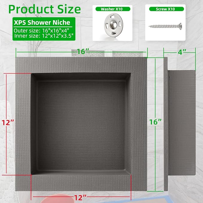 Shower Niche Insert Tile Ready 12"x12",Embedded Size 13"x13",Depth 4" | Niche for Shower Wall,Waterproof Ready to Tile Niches Single Recessed Shower Shelf for Bathroom Renovation/Soap Storage