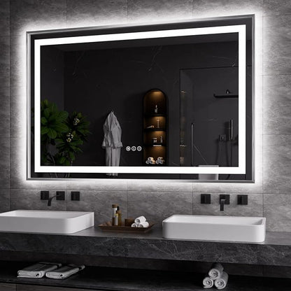 LED Bathroom Mirror 60"X40", Front Light and Backlit(Brushed Silver) | Metal Framed Mirror, Stepless Dimmable, Anti-Fog, HD Reflection, Shatter-Proof, Memory, 3 Colors, Double LED Vanity Mirror.