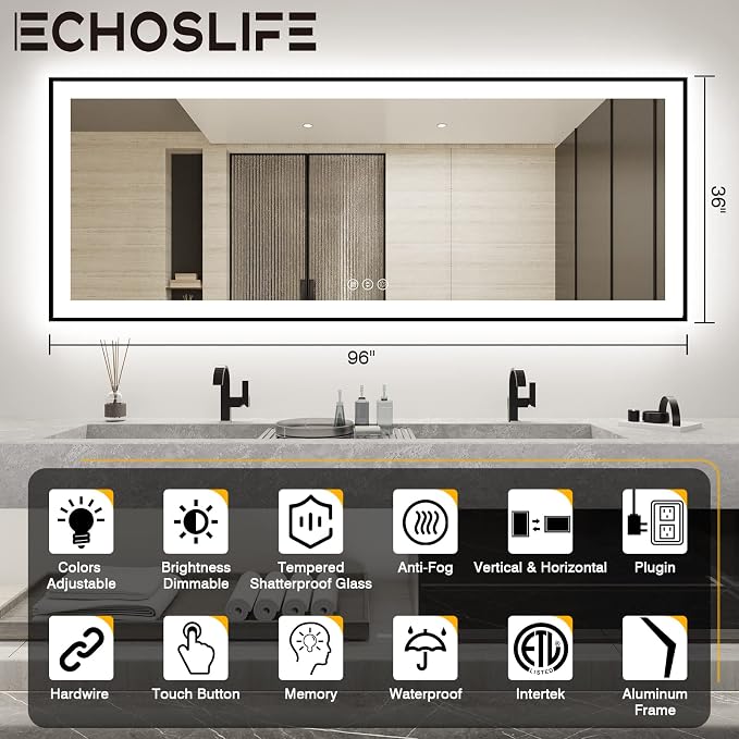 EchosLife 96x36 Large LED Bathroom Mirror with Lights - Black Aluminum Trim | Black Frame, Front and Backlit, Anti-Fog, Stepless Dimmable, 3 Colors, Memory, Tempered Glass, UL Listed, Horizontal/Vertical
