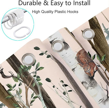 JAWO Rustic Forest Winter Shower Curtain for Bathroom, Country Hunting Bear Deer Wild Animals Farmhouse Christmas Shower Curtains, Cabin Nature Bathroom Set with Hooks, 70X70 Inch, LightPink