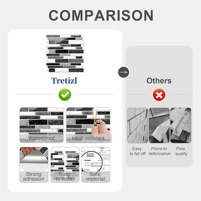 10 Sheets Peel and Stick Backsplash, Peel and Stick Wall Tiles, Marble Look Tiles Backsplash for Kitchen and Bathroom, Livingroom, 12”x12”,Black&White