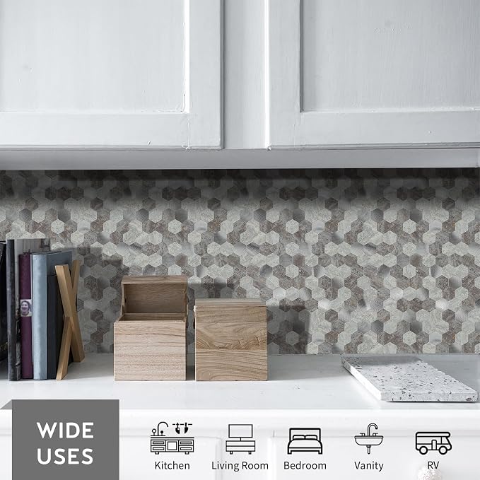 12 Sheets Peel and Stick Backsplash Tile, Hexagon Gray Stone Rock Mixed Brushed Metal Stick on Backsplash, Honeycomb Self Adhesive Mosaic Wall Tiles for Kitchen Bathroom (11.3" x 5.7")