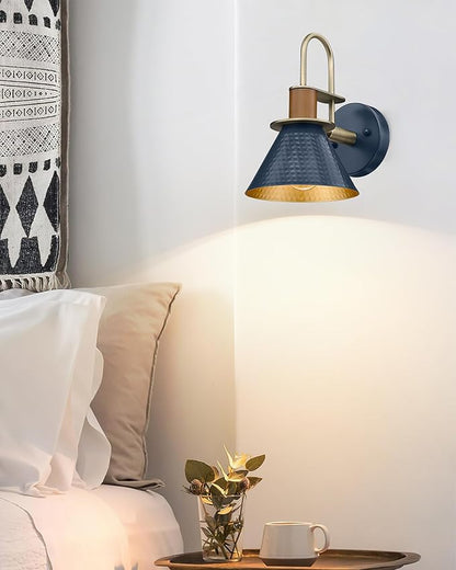 Rustic Wall Sconces Set of Two, HWH Indoor Wall Sconce 1-Light Barn Vanity Light, Hammered Barn Wall Lamp for Bathroom Bedroom Kitchen, Hammered Metal Shade, Navy Blue Finish, 5HZG74B-2L BL+BG