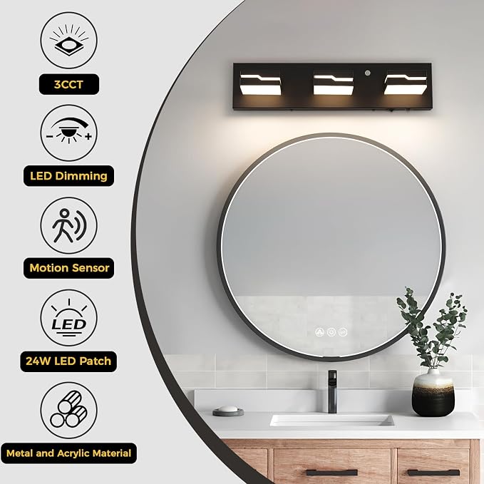 LED Modern Bathroom Vanity Light Fixtures 3-Light, 19 inch 3CCT Dimmable Nickel Motion Sensor Vanity Lights for Bathroom Lighting Fixtures Over Mirror, with 350° Rotatable Acrylic Heads
