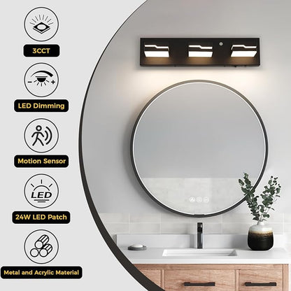 LED Modern Bathroom Vanity Light Fixtures 3-Light, 19 inch 3CCT Dimmable Nickel Motion Sensor Vanity Lights for Bathroom Lighting Fixtures Over Mirror, with 350° Rotatable Acrylic Heads