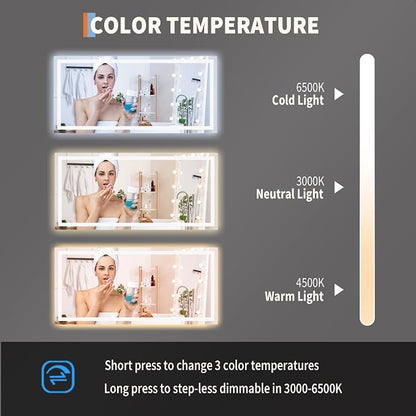 LED Bathroom Mirror 55 x 26 inch, Lighted Bathroom Vanity Mirror with Front Light and Backlit LED, Frameless Wall Mounted Bathroom Mirror with Adjustable Color Temperature
