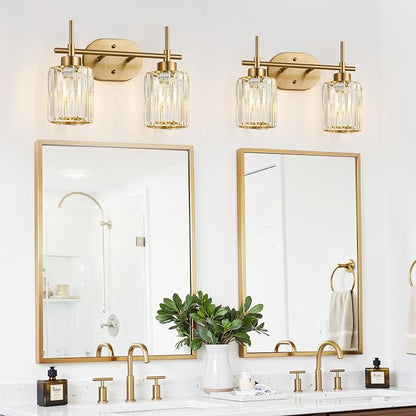 Modern Crystal Bathroom Vanity Light, 2-Light Brushed Gold Bathroom Light Fixtures with Clear Shades, Vanity Lighting Fixtures Over Mirror (Exclude Bulb)