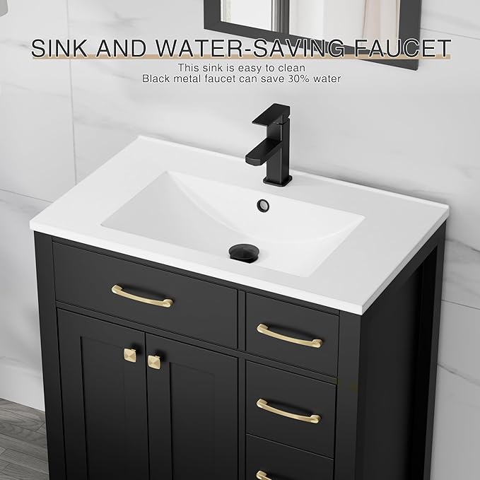 LUCKWIND 30" Modern Bathroom Vanity with Sink, Painted Storage Cabinet with Undermounted Sink, Two Doors and Three Drawers, Include Faucet Without Mirror, Black