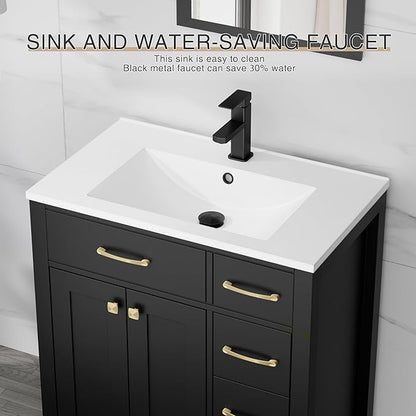 LUCKWIND 30" Modern Bathroom Vanity with Sink, Painted Storage Cabinet with Undermounted Sink, Two Doors and Three Drawers, Include Faucet Without Mirror, Black