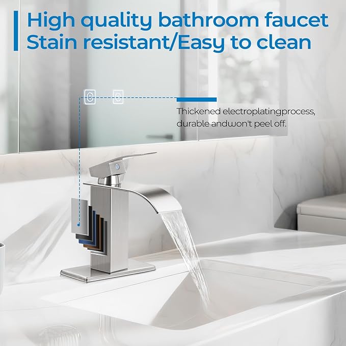 Brushed Nickel Bathroom Faucets, Waterfall Bathroom Sink Faucet Modern Single Handle Bathroom Faucte 1 or 3 Hole, RV Mixer Tap Vanity Faucet - Includes Pop-up Drain Supply Hoses Deck Plate