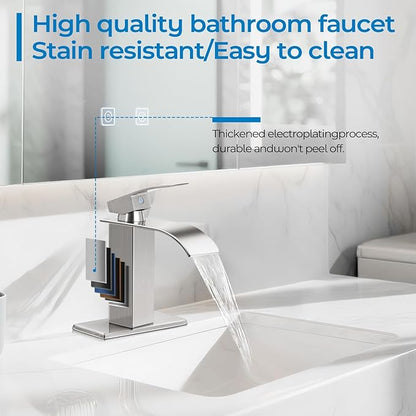 Brushed Nickel Bathroom Faucets, Waterfall Bathroom Sink Faucet Modern Single Handle Bathroom Faucte 1 or 3 Hole, RV Mixer Tap Vanity Faucet - Includes Pop-up Drain Supply Hoses Deck Plate