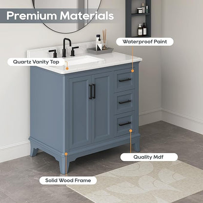 36 Inch Bathroom Vanity with Sink, Bathroom Storage Cabinet with Soft Closing Doors & Dovetail Drawers, Adjustable Feet, Solid Wood Frame, Steel Blue
