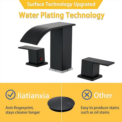 Bathroom Faucets 8 Inch Widespread Bathroom Sink Two Handles Matte Black Modern 3 Hole Waterfall Vanity Sink Faucet for 3 Hole with LED Light with Pop Up Drain