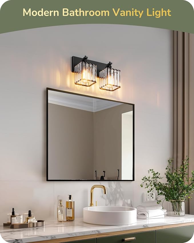 EDISHINE 2-Light Black Bathroom Vanity Light, Crystal Sconce Over Mirror | Up/Down Reversible, Black Frame, Modern for Bath, Powder Room, E26 Base