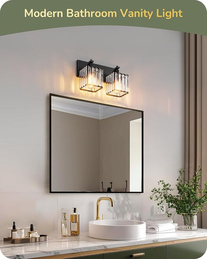 EDISHINE 2-Light Black Bathroom Vanity Light, Crystal Sconce Over Mirror | Up/Down Reversible, Black Frame, Modern for Bath, Powder Room, E26 Base