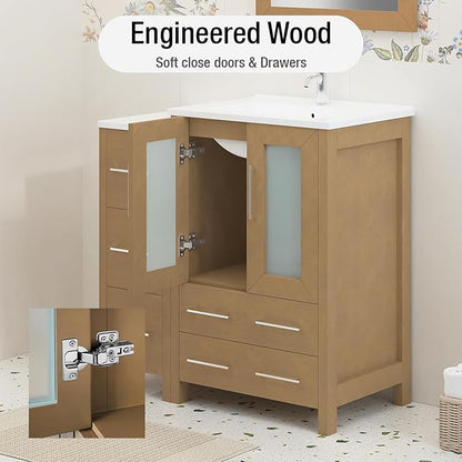 HOMEBEYOND 36 Inch Modern Bathroom Vanity with Sink & Mirror, Single Vanity Cabinet with Basin and Mirror, Dove-Tailed Drawers, Soft-Closing Doors, Wood, Natural Oak