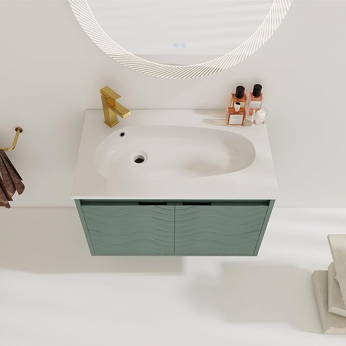 SSLine Modern 30" Floating Bathroom Vanity with Sink Wall Mounted Bathroom Vanity with Top Basin & Storage Cabinet 30-Inch Green Wave Bath Vanity w/Drop-Shaped Resin Sink for Small Space