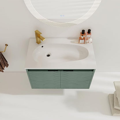 SSLine Modern 30" Floating Bathroom Vanity with Sink Wall Mounted Bathroom Vanity with Top Basin & Storage Cabinet 30-Inch Green Wave Bath Vanity w/Drop-Shaped Resin Sink for Small Space