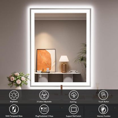 28x36 Inch Silver Frame LED Mirror for Bathroom | Silver Metal Frame, Front and Backlit, 3 Colors, Dimmable, Memory, Anti Fog, Tempered Glass, Lighted Mirror for Wall