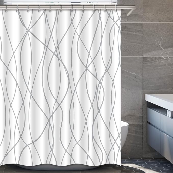 Striped Shower Curtain for Bathroom, Grey White, 72" W x 78" L | with Hooks, Modern Hotel Style, Water Repellent, Washable, Weighted Hem