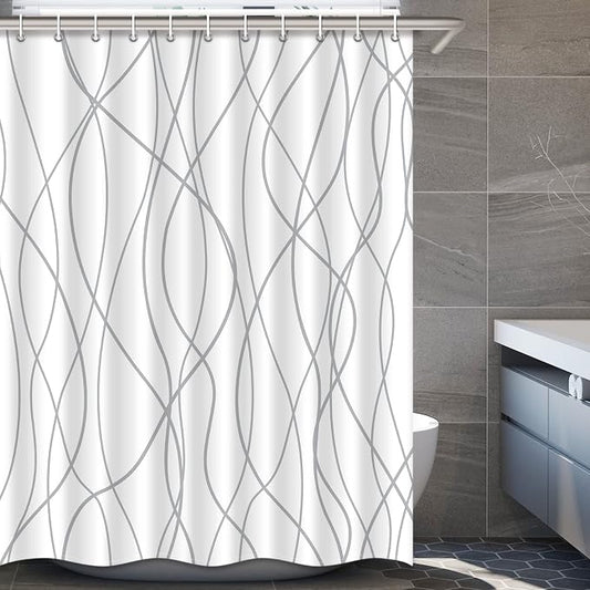 Striped Shower Curtain for Bathroom, Grey White, 72" W x 78" L | with Hooks, Modern Hotel Style, Water Repellent, Washable, Weighted Hem