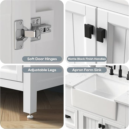 60 Inch Bathroom Vanity with Double Sink, Solid Wooden Frame Bathroom Storage Cabinet, Modern Bathroom Vanities Set Bathroom Cabinet with Soft Closing Doors & Drawers-White