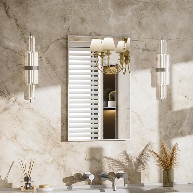 MZON 16" x 24" Brushed Nickel Bathroom Vanity Mirror, Mirror for Over Sink | Aluminum Alloy Frame, Clear Reflection, Rust-Resistant, Vertical or Horizontal, Wall Mount, Bedroom and Entryway