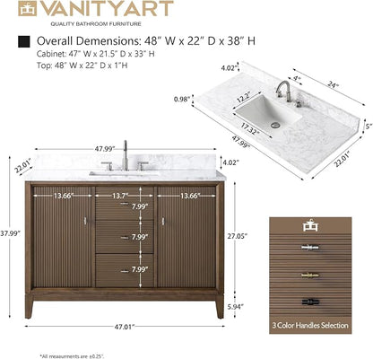 Vanity Art 48" Bathroom Vanity with Single Sink & Arabescato White Engineered Stone Top, Vanity Cabinet with Soft Closing Door, Solid Wood Frame, Golden Brushed Handles, Walnut VA8148-Walnut-GB